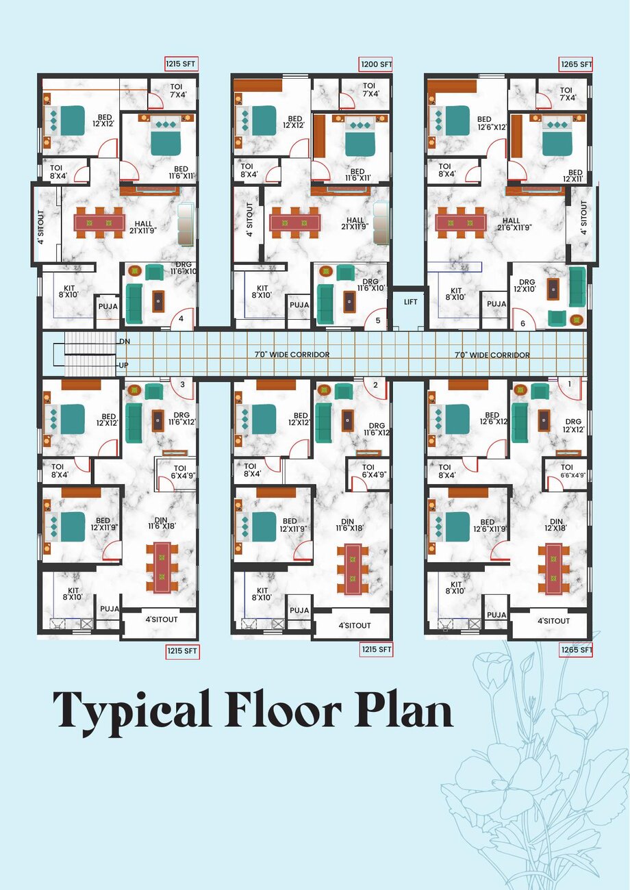 Typical floor plan for Alekya Homes showing six units per floor, 1200 to 1265 sq.ft
